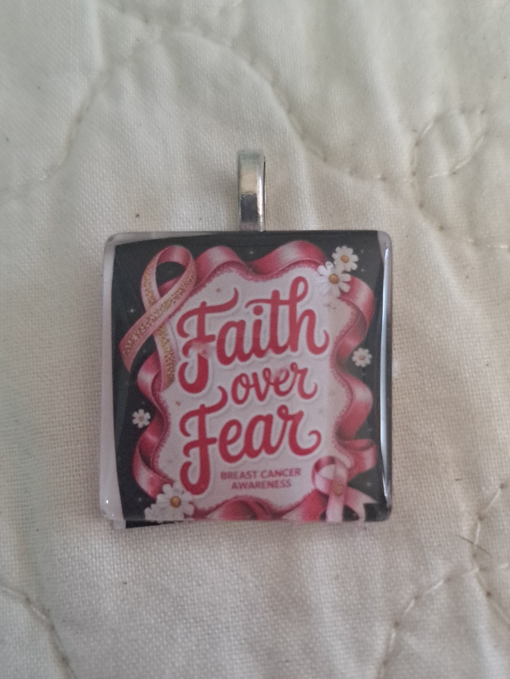 Hand Crafted Faith Over Fear Pink Breast Cancer Awareness Pendant Necklace